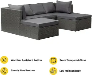 Nustone Garden Patio Rattan 3 Seat Sofa Set with Chaise Lounger and Footrest in Dark Grey