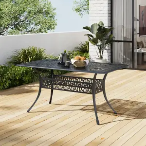 150 x 90cm Cast Aluminum Outdoor Patio Garden Table with Unique Hollow Design and Umbrella Hole, Black