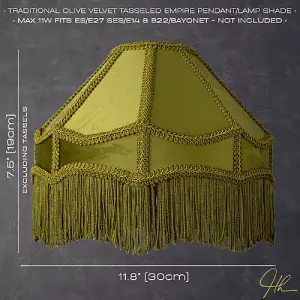 Traditional Victorian Empire Lamp Shade in Olive Green Velvet with Long Tassels