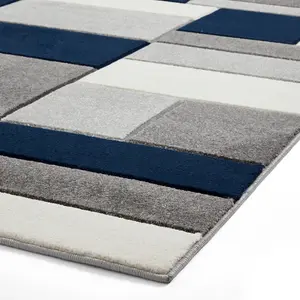 Geometric Grey Navy Modern Easy To Clean Rug For Dining Room-80cm X 150cm