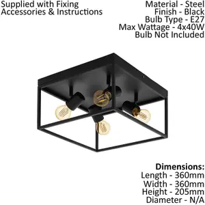 Flush Ceiling Light Colour Black Open Metal Frame Box & Holders Bulb E27 4x40W