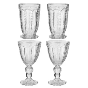 Set of 4 Vintage Luxury Drinking Clear Embossed Wine Glass Wine Goblets & Tall Drinking Glass Whiskey Glass Tumblers