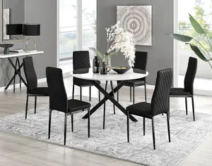 Furniturebox UK Novara White Gloss Black Leg 120cm Round Dining Table & 6 Black Velvet Milan Black Leg Chairs