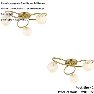 2 PACK Satin Brass Semi Flush Low Ceiling Light - White Confetti Multi Arm Glass - 3 X 3W LED G9