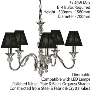 Diana Ceiling Pendant Chandelier Bright Nickel & Black Pleat Shade 5 Lamp Light