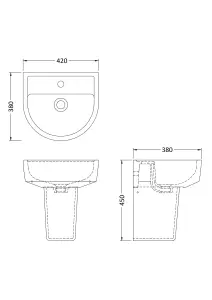 Mila Round 1 Tap Hole Ceramic Basin & Semi Pedestal, 420mm - Balterley