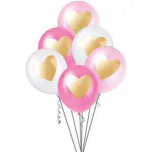 Unique Party Latex Heart Balloons (Pack of 6) Pink/White/Gold (One Size)