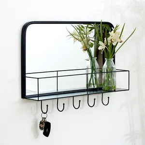 Melody Maison Black Mirrored Wall Shelf With Hooks