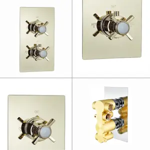 ENKI Edwardian English Gold Crosshead 2-Outlet Solid Brass Thermostatic Twin Shower Valve TSV057