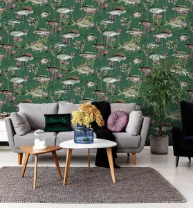 Holden Decor Lagoon Green Contemporary fish Smooth Wallpaper