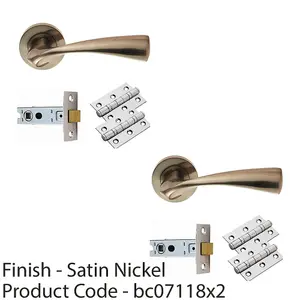 2 PACK - Door Handle & Latch Pack Set- Satin Nickel Curved Flaired Screwless Round Rose Kit