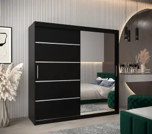 Verona 02 Contemporary 2 Mirrored Sliding Door Wardrobe 9 Shelves 2 Rails Black Matt (H)2000mm (W)2000mm (D)620mm