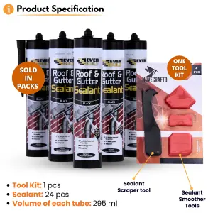 Roof & Gutter Sealant - Pack of 24 Tubes (295ml each) Black Sealant Waterproof with 4-Piece Sealant Tool Kit, Seal Gutter Leaks