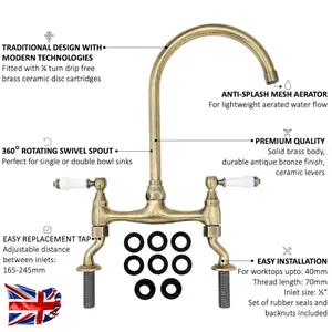 ENKI, Astbury, KT104, Deck Mounted Antique Brass, Kitchen Sink Mixer Tap, Featuring a Swivel Swan Neck Spout and Quarter Turn Cer