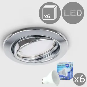 ValueLights Downlight Tiltable Chrome Ceiling Light Fitting 6 Pack With Warm White Bulbs