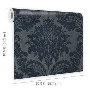 Boutique Navy Metallic effect Damask Textured Wallpaper Sample