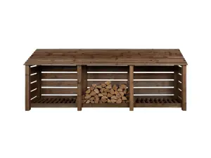 Slatted wooden log store W-335cm, H-126cm, D-88cm - brown finish