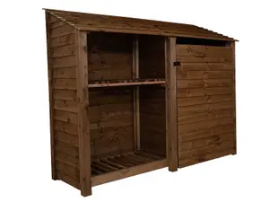 Wooden tool and log store, garden storage with shelf W-227cm, H-180cm, D-88cm - brown finish