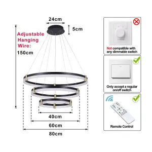 Garwarm Dimmable LED 3-Ring Acrylic Crystal Black Chandelier