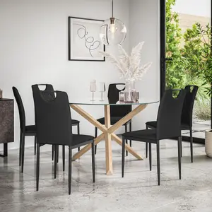 Malvern Round Dining Table And Chairs -  Clear Glass Table Top w Solid Oak Legs + Monza Faux Leather Dining Chair Set Of 6 (Black)