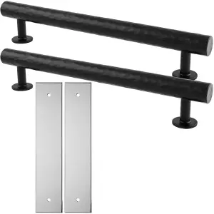 2 PACK - Pull Handle & Contrasting Backplate Set - Hammered Round T Bar - Matt Black & Chrome