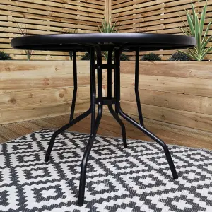 4 Person Round Black Garden Patio Table with Glass Top & Parasol Hole