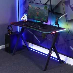 X-Rocker Lumio Compact 110 x 55cm RGB Gaming Desk, Gaming Table with Headphone Hook and Cup Holder Office Desk with FREE Mousemat