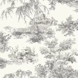 Grandeco French Vintage Toile Trees  Smooth Wallpaper, Grey