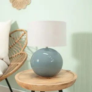 ValueLights Bosco Eucalyptus Ceramic Table Lamp with White Drum Shade - LED Bulb Included