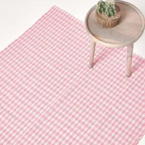 Homescapes Cotton Gingham Check Rug Hand Woven Pink White, 70 x 120 cm