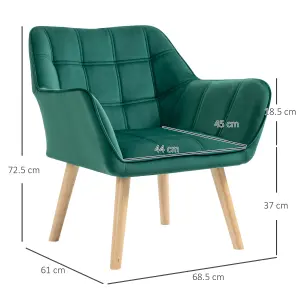 HOMCOM Velvet-Feel Accent Chair w/ Wide Arms Slanted Back Wood Legs Green