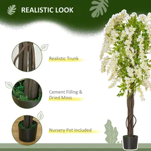 HOMCOM Artificial Realistic White Wisteria Tree Faux Plant for Indoor Décor