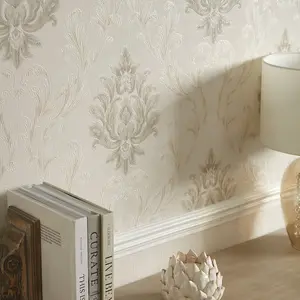 Aurora Damask Wallpaper In Shimmering Ivory With Shades Of Silver