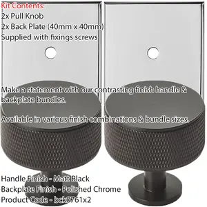 2 PACK - Cabinet Door Knob & Contrasting Backplate Set - Knurled Kitchen Pull - Matt Black & Chrome