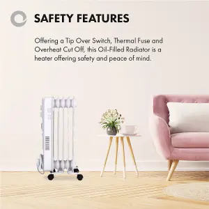 Devola Oil Filled Radiator 1500W 5 Fin White Electric Portable Fan Heater Timer