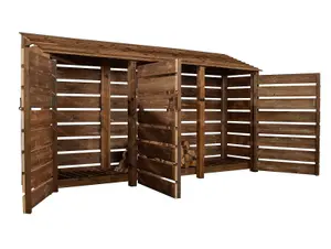 Slatted wooden log store with door W-335cm, H-180cm, D-88cm - brown finish