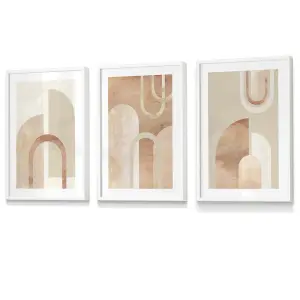 Set of 3 Mid Century Terracotta and Beige Arches Wall Art Prints / 30x42cm (A3) / White Frame