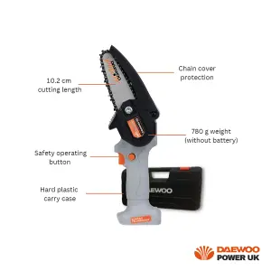 DAEWOO U-FORCE 18V Cordless Handheld Mini Chainsaw 10cm with Hard Case + 2 x 2.0Ah Battery + Charger