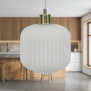 First Choice Lighting Bento White Ribbed Glass with Satin Brass Pendant Fitting