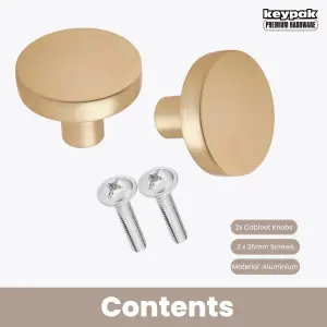 Keypak Cabinet Knob, Pack of 2, Brushed Brass, Aluminium Precision 30mm Classic Wardrobe Cupboard Drawer Handles