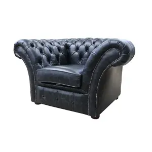 Chesterfield Club Chair New England Black Real Leather In Balmoral Style