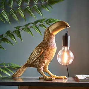 2 PACK Vintage Gold Toucan Table Light - Resin Figure - Matt Black Lamp Holder