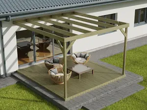 Wall-mounted box pergola and decking, complete DIY kit (4.8m x 4.8m, Light green (natural) finish)