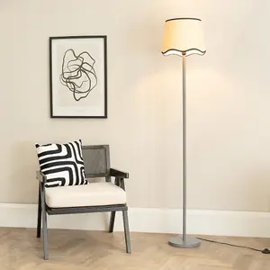 ValueLights Heather Grey Wood Single Stem Floor Lamp with Scallop Black Trim Tapered Shade