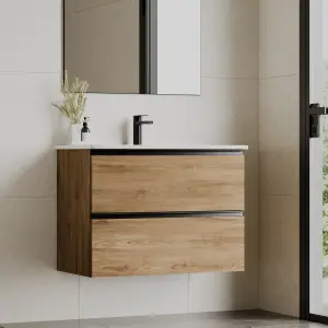 Banyetti Akiro 800mm Wall Hung Basin Unit with Matt Black Handles - Walnut