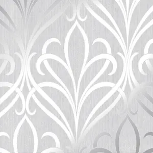 Camden Damask Wallpaper In Soft Grey And Silver