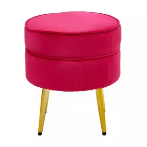 Interiors by Premier Elegant Round Bright Pink Velvet Gold Leg Footstool, Plush Foam Padded Gold Finished Footrest For Bedrooms