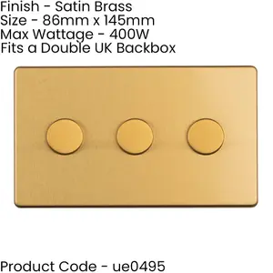 2 PACK 3 Gang Dimmer Switch 2 Way LED SCREWLESS SATIN BRASS Light Dimming Wall