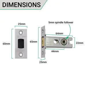 EAI Tubular Bathroom Deadbolt - 64mm Case - 44mm Backset - Polished Chrome