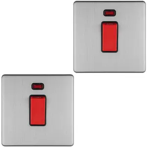 2 PACK 1 Gang Single 45A DP Cooker Switch & Neon SCREWLESS SATIN STEEL Rocker